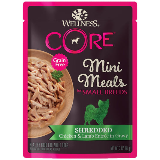 Wellness CORE Small Breed Mini Meals Shredded in Gravy Adult Wet Dog Food, Grain Free, Natural, Chicken and Lamb Entrée Recipe, 3 oz, Pack of 12 Pouches