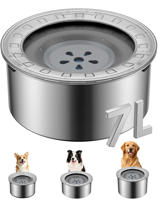 Heouvo 1.8 Gallon Large Dog Water Bowl No Spill,【Anti Digging Lid & Rubber Bottom】 Spill Proof Dog Bowl, Anti Splash Mess Dripless Slow Drinking Stainless Steel Water for Sloppy Messy Drinkers Car