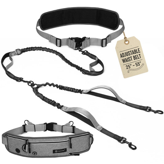 Tails & Tales Hands Free Dog Leash with Waist Pouch, Lumbar Support Upgraded, Bungee Reflective Leash, Adjustable Belt 25-55", Walking Running Hiking Training for Dogs Up to 125lbs (Gray, Two Dogs)