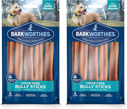Barkworthies Odor Free Bully Sticks - 2 Pack (5 ct 6 inch) Premium Long Lasting, Protein-Packed, Grain Free Dog Treats a