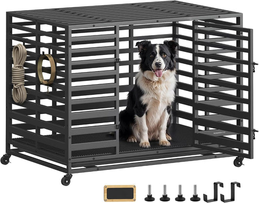 SONGMICS HOME 42.1" Heavy-Duty Dog Crate, XL Dog Cage with Lock Wheels