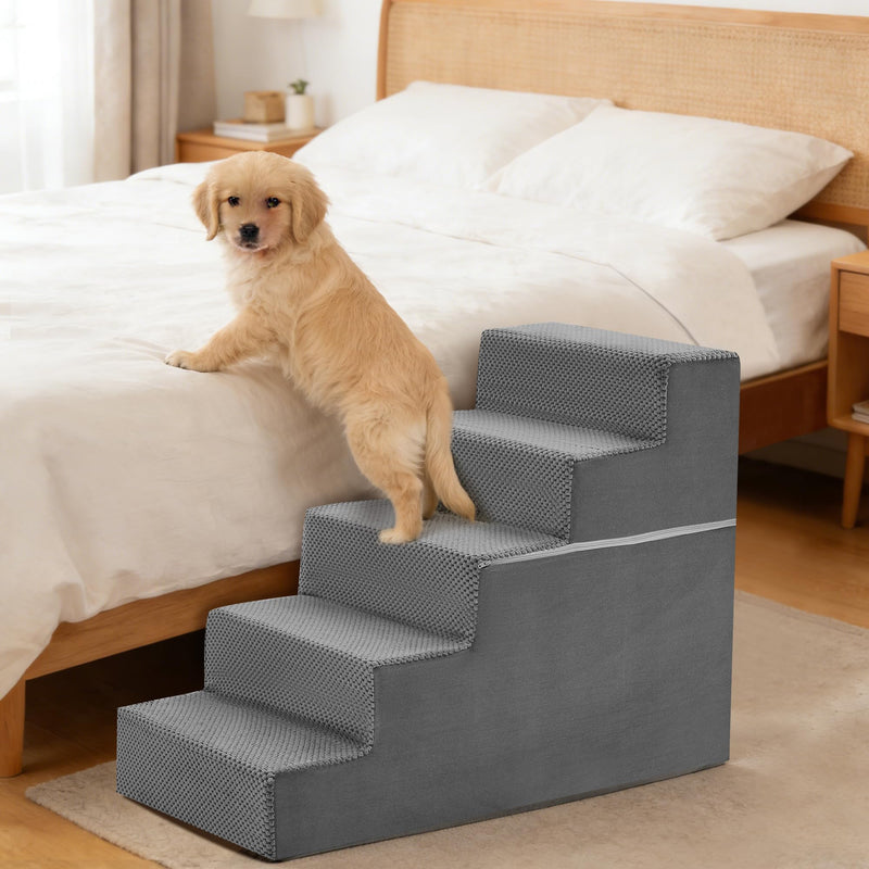 KMFurnila 5-Step Dog Stairs for Large Dogs and Cats, 23in H Dog Steps for Couch, Sofa, Chair, Non-Slip Sturdy Pet Steps, Pet Ramp for High Bed Indoor, Grey