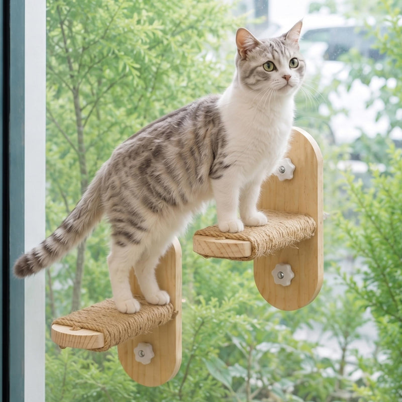 PETKARAY Large Cat Window Shelf, Upgraded Window Stairs for Indoor Cats, Sturdy Wooden Steps with Sisal Surface, Easy Access to Perch & Windowsill, 2 Packs