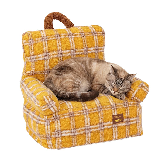 ZEZE Vintage Furniture Style Sofa Pet Bed - Washable Plush Dog & Cat Couch, Retro Style Pet Furniture, Soft Cozy Support for Pets (Small, Plaid)