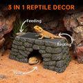 3 in 1 Bearded Dragon Basking Platform, Reptile Habitat Cave Hideout with Food Bowl, Aquarium & Terrarium Decor Accessor