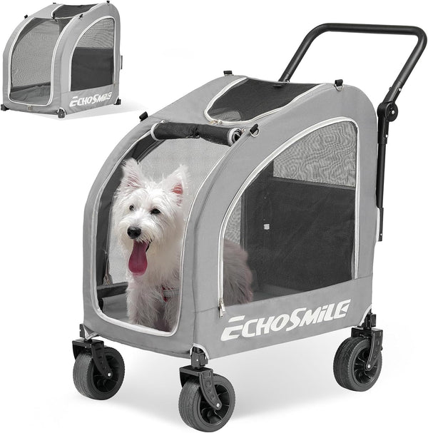 EchoSmile 4 Wheels Pet Stroller, Dog & Cat Stroller for All-Season, Lightweight Carrier with Storage Basket, Adjustable Handle, Removable Pad, Breathable Mesh, Up to 135 lbs, Grey