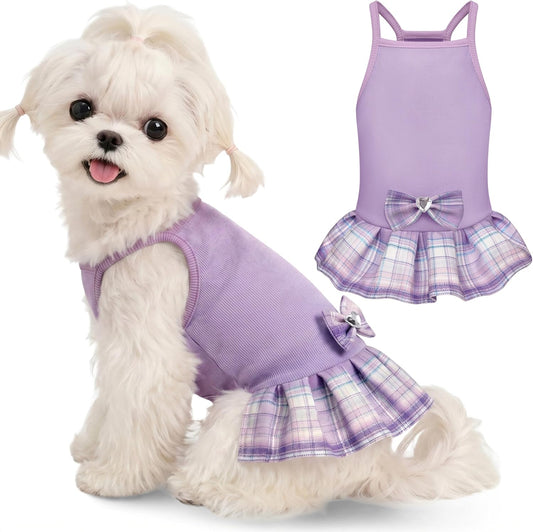 WOYYHO Small Dogs Girl Dress with 3D Bow, Cute Dog Summer Dresses, Princess Dog Plaid Dress Sleeveless Pet Summer Clothes for Chihuahua Yorkie Pomeranian (M, Purple)