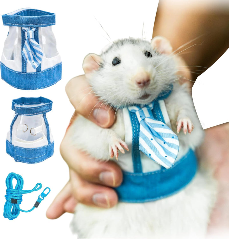 SMOLKITH Fancy Rat Clothes, Pet Rat Adjustable Blue and White Vest with Leash, Small Animal Apparel for Walking, Fits Fa