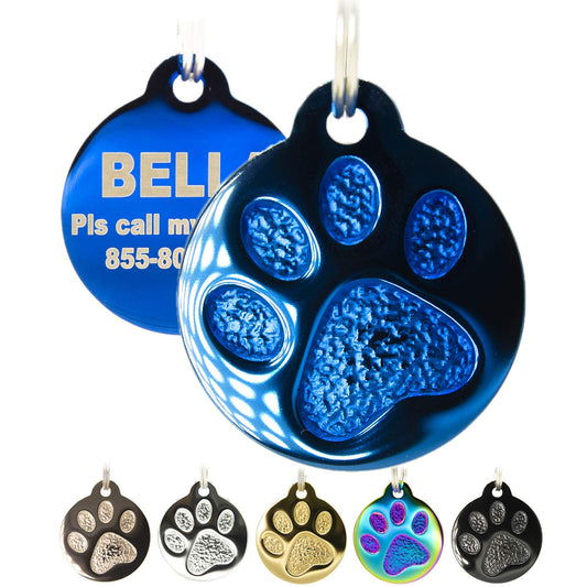 Engraved Cat Tags - Personalized with 4 Lines of Custom Engraved ID, Round Paw Print Solid Plating Stainless Steel in 5 Colors: Gold, Rose Gold, Blue, Black, Nebula