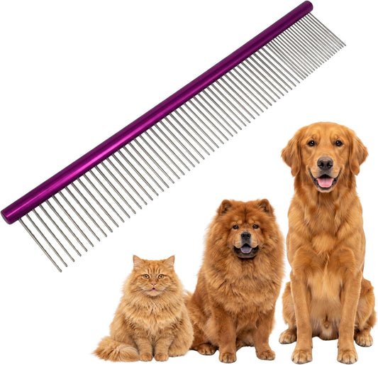 Pet Comb 8 inches Comfortable Grooming Comb with Different-Spaced Rounded Stainless Steel Teeth, Easy Grip and Convenient Grooming for Pets Dog Cat with Medium Coarse Fur - Purple
