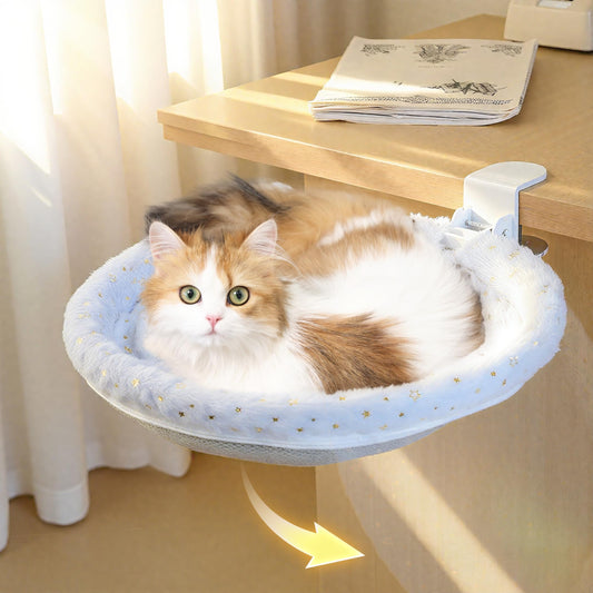 LANERmooos Cat Desk Bed, Cat Perch for Home Office, 360°Rotating & Adjustable Shelf, Removable Comfortable Soft Pet Nest Bed, Modern Unique Kitten Furniture Attachment for Game Tables (Grey)