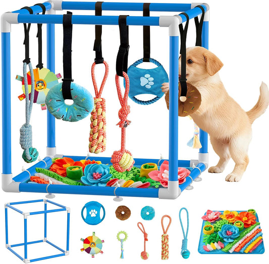 Puppy Play Gym & 8 Toys (Blue,19.6″ x 19.6″ x 19.6″‌) with Snuffle Mat