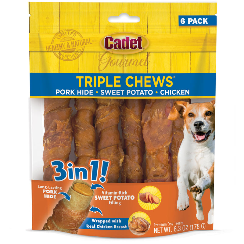 Cadet Gourmet Triple Chews Long-Lasting Pork Hide Sticks with Sweet Potato and Chicken, Healthy Dog Treats for Small & Large Dogs, 6 Count