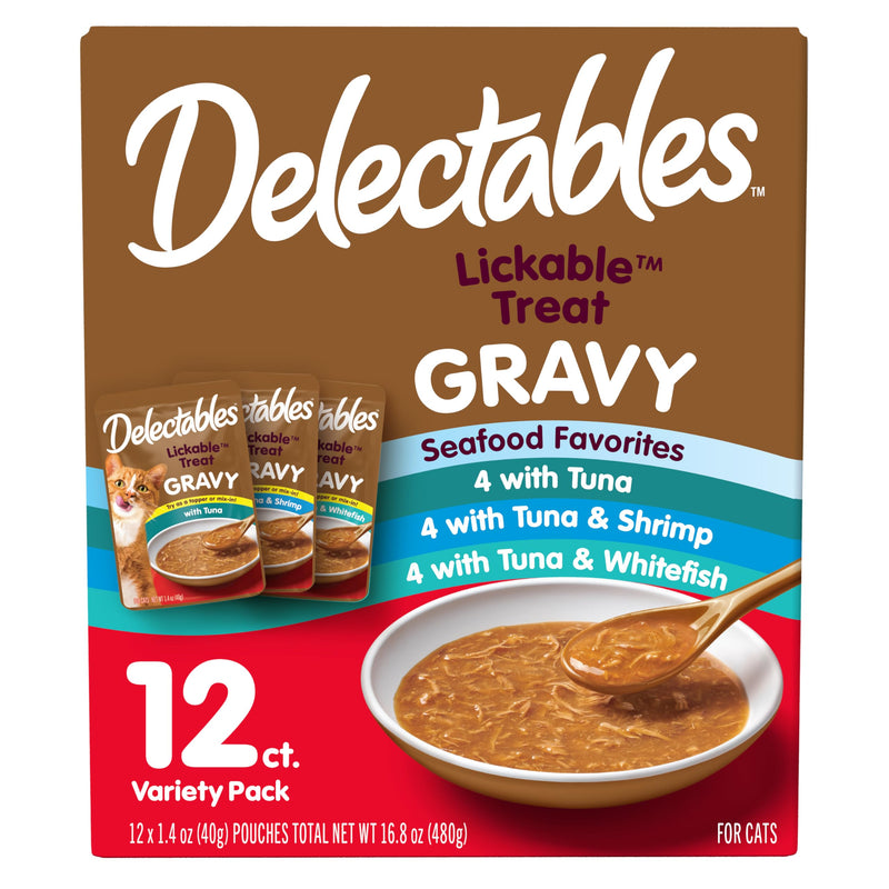 Delectables Lickable Treat Gravy Seafood Variety Wet Cat Treat & Food Topper, Food Topper, Hydrating, Grain-Free, No Fillers, No by-Products, No Added Preservatives, 1.4-oz Pouch, 12 Count