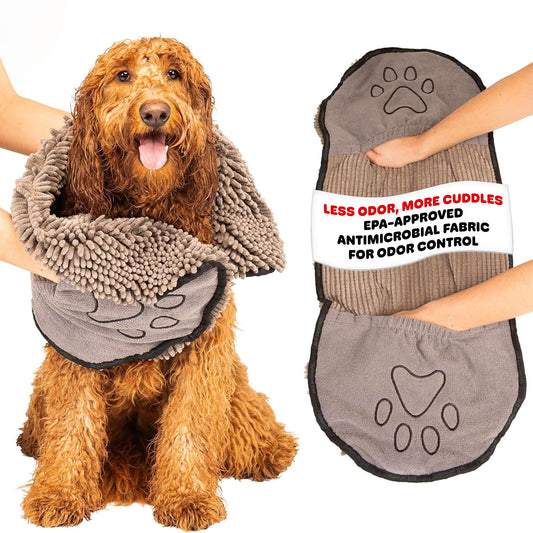 Dog Gone Smart The Dirty Dog Shammy - Antimicrobial Microfiber Dog Towel for Odor Control, Fast-Drying Plush, Dual Hand Pockets & Elastic, Super Absorbent, Machine Washable, 31 x 13 in, Grey