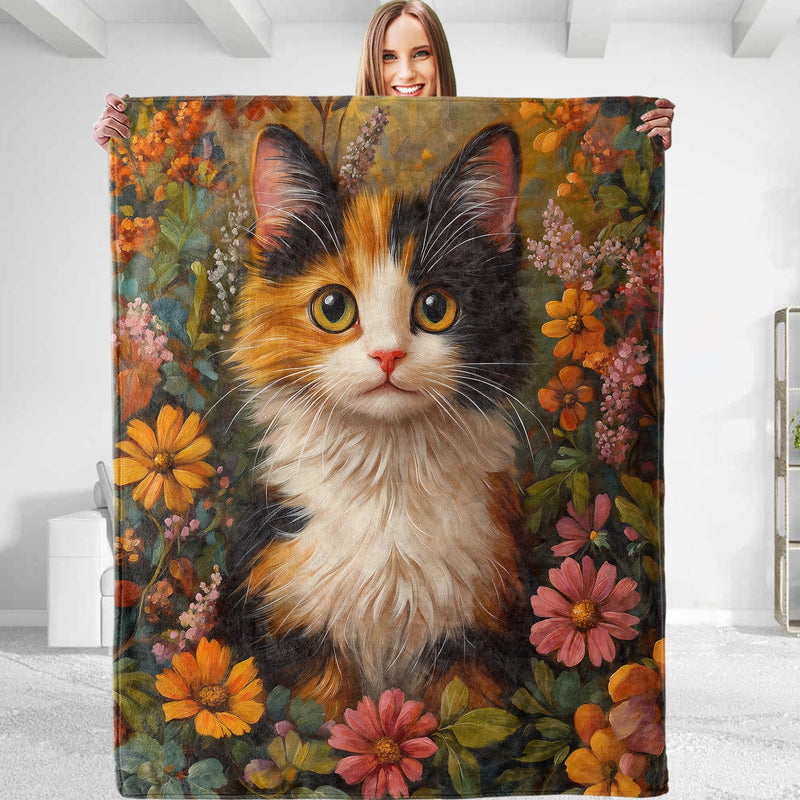 dhakalrlde Cute Cat Floral Blanket,Decorative Throw with Adorable Kitten and Flower,Lightweight Flannel Blankets for Cabin Couch Living Room Office,Ideal Gifts for Girls Kids Pet Lovers 50