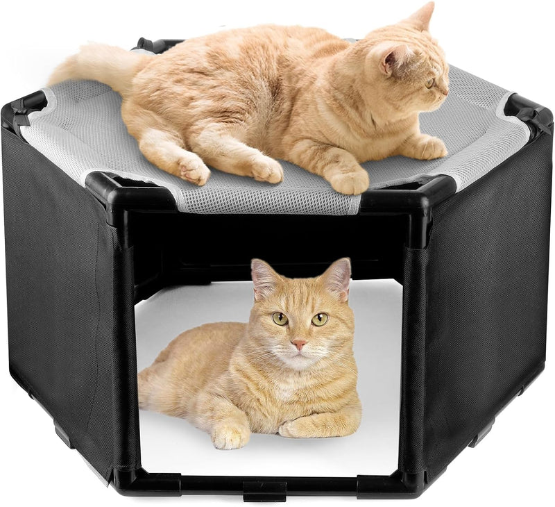 Elevated Cat Hammock Bed with Privacy Fence, Portable Raised Dog Cat Bed, Breathable Mesh & Anti-Slip Feet for Indoor Ou