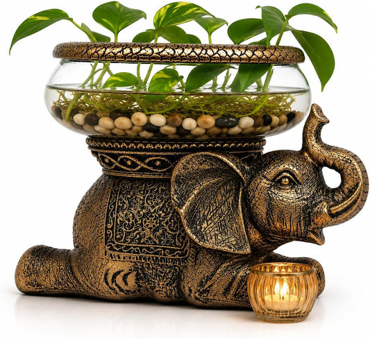 Elephant Decorative Bowl with Removable Glass Vessel, Antique Gold Finish, Tabletop Plant Display, Gift Box Included