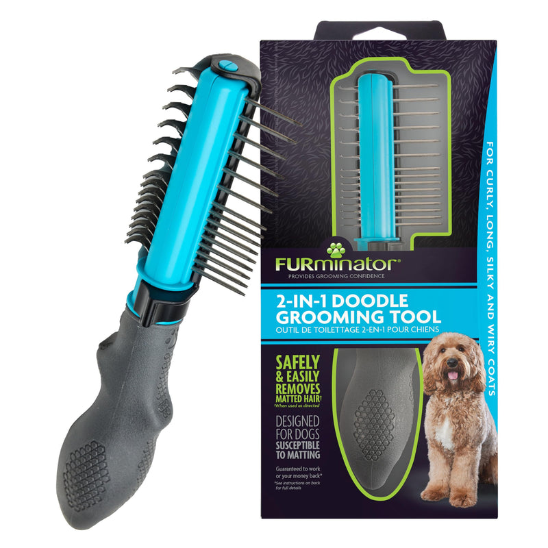 FURminator 2-in-1 Doodle Grooming Tool for Dogs, 1 Count, Dematting Tool with Comb for Mats, Tangles & Maintenance on Curly, Long, Silky & Wiry Coats