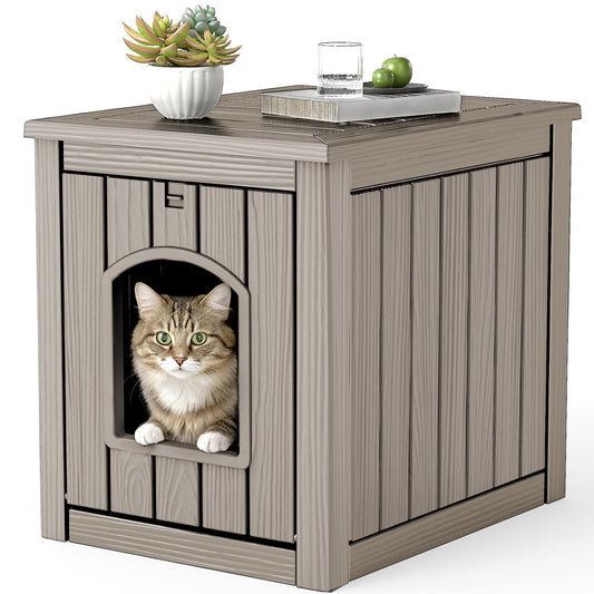 VIXZEN Outdoor Cat House Weatherproof - Multi-Functional Side Table Design, Clawsable Cat Houses for Outdoor Cats, Durable Resin Material, Cat Shelter with Spacious Interior Tool-Free Assembly (Gray)