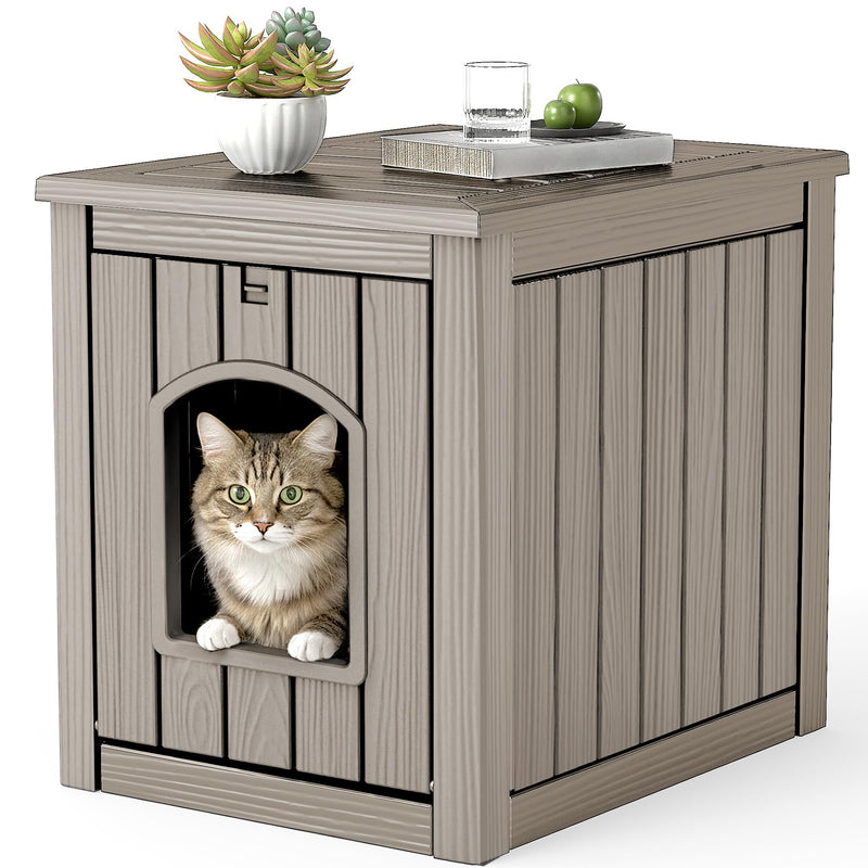 VIXZEN Outdoor Cat House Weatherproof - Multi-Functional Side Table Design, Clawsable Cat Houses for Outdoor Cats, Durable Resin Material, Cat Shelter with Spacious Interior Tool-Free Assembly (Gray)