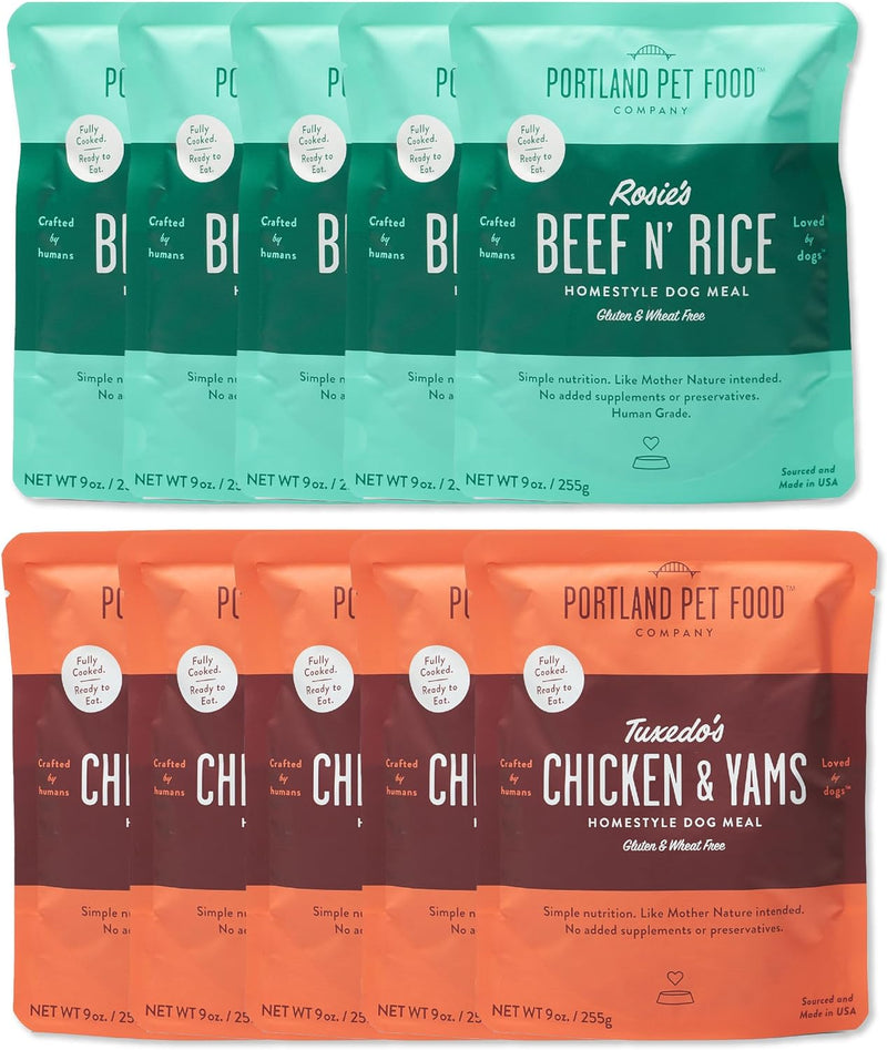 CRAFTED BY HUMANS LOVED BY DOGS Portland Pet Food Company Rosie’s Beef N' Rice Wet Dog Food Pouches 5pk and Tuxedo’s Chi
