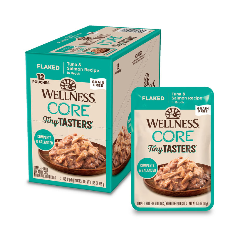 Wellness CORE Tiny Tasters Flaked Adult Wet Cat Food, Natural, Protein Rich, Grain Free, Tuna and Salmon Recipe, 1.75 oz, Pack of 12 Pouches