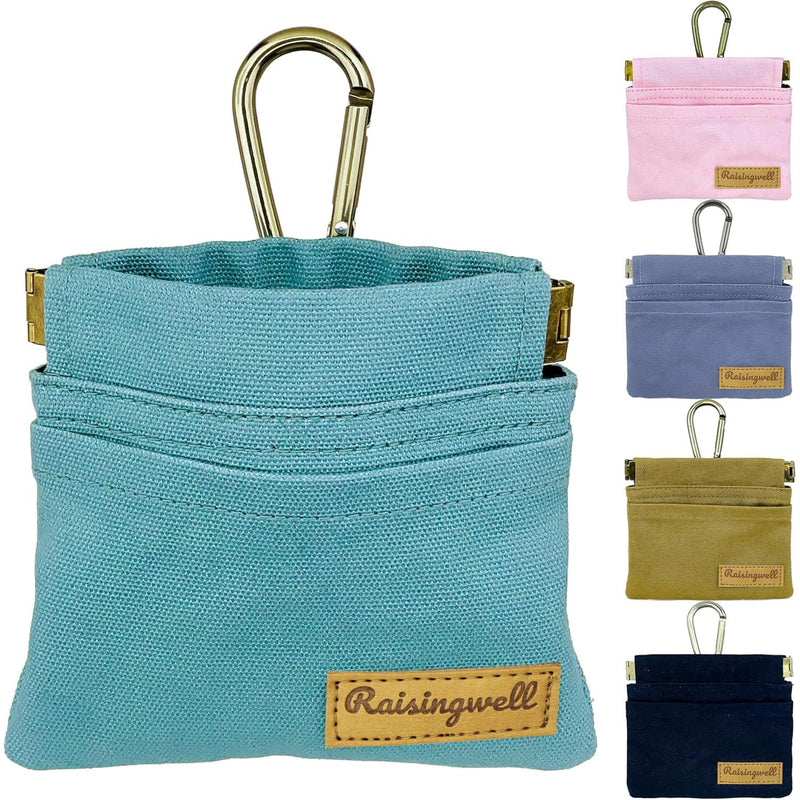 Raisingwell Dog Treat Pouch, Green Pocket Sized Pet Training Pouch, Cotton Fabric, Hand Free Dog Walking Bag with Carabiner, Self-Closing Pet Feed Snack Reward, for Puppy Travel or Outdoor Use