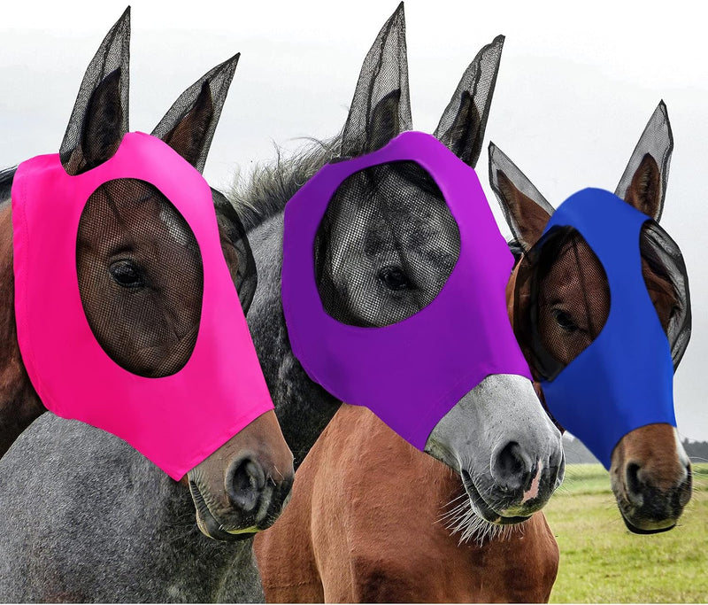 Weewooday 3 Pcs Horse Fly Mask with Ears, L, Purple, Blue, Pink