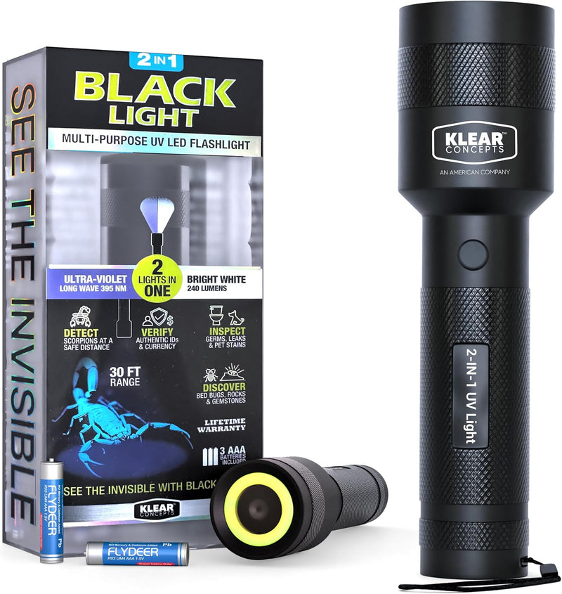 UV Flashlight, 2-in-1 Blacklight & White Light Mode, 395nm UV, 240 Lumen