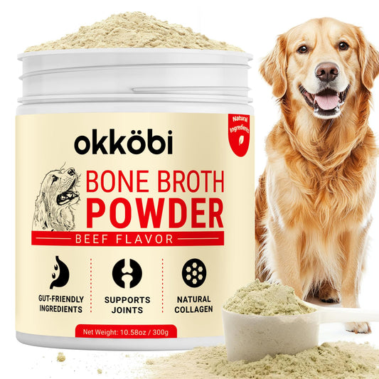 OKKÖBI Beef Bone Broth for Dogs - All-Natural Food Topper for Picky Eaters - Powder Supplement for Joint Health, Digestion & Hydration, 10.5oz