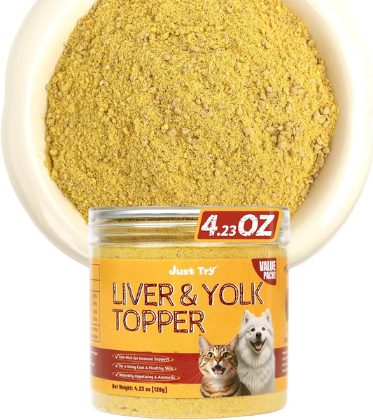 Just Try 4.23 OZ Cat & Dog Food Toppers with Chicken Liver Freeze Dried Egg Yolk for Picky Eaters Iron Support Grain Free High Protein Meal Toppers