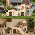 Wooden Rabbit House,Extra Large 2-Level Bunny Castle with Feeder and Ramp