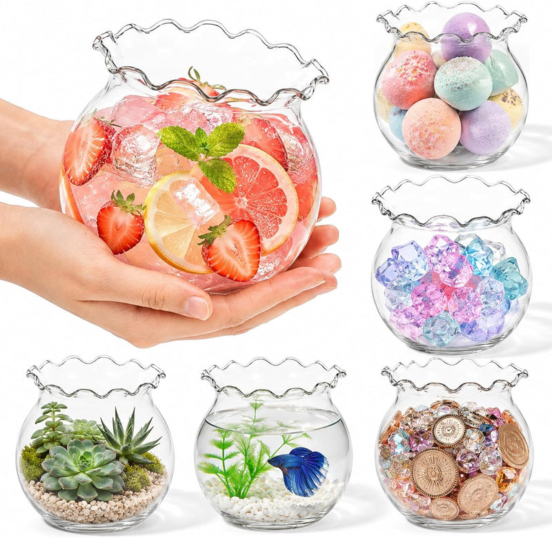 Mini Plastic Fish Bowl with Floral Trim for Parties, 27oz Decorative Drink Bowls Unbreakable Plastic Fish Bowl Cups Clea