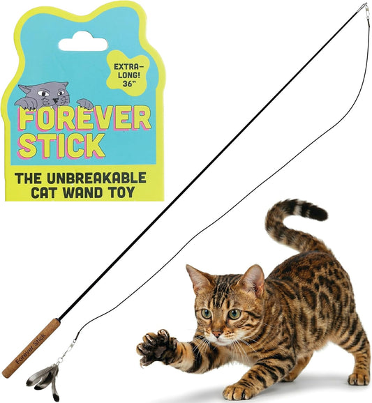 Forever Stick - Unbreakable Cat Wand Toy | Solid 1-Piece Fiberglass Rod - Bends, Doesn’t Break | 3-Year Warranty | 36 Inch Cat Fishing Pole Toy with Spinning Feather Toy | 2-in-1 String Toy and Teaser