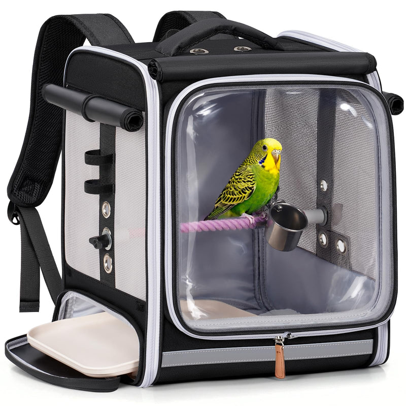 Mancro Bird Carrier Backpack for Small Birds, Cockatiel, Parrot, Bird Backpack with Tray and Standing Perch, Bird Travel Carrier Cage with Clear Window and Breathable Mesh Front for Vet Visits