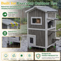 PetsCosset Cat House for Outdoor Cats, Weatherproof 2-Story Wooden Cat Shelter with 2 Rooms, Feeding Station, Escape Door, Pull-Out Floor and Openable Asphalt Roof, Grey