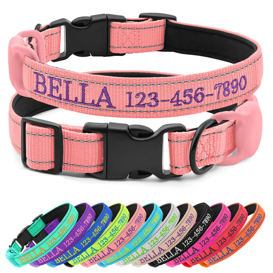 CHRYMPETIC Personalized Dog Collar with Embroidered Name and Phone, Nylon Collar for Dog with Silicone Holder for AirTag, Neoprene Lining, Plastic Quick-Release Buckle (Pink)