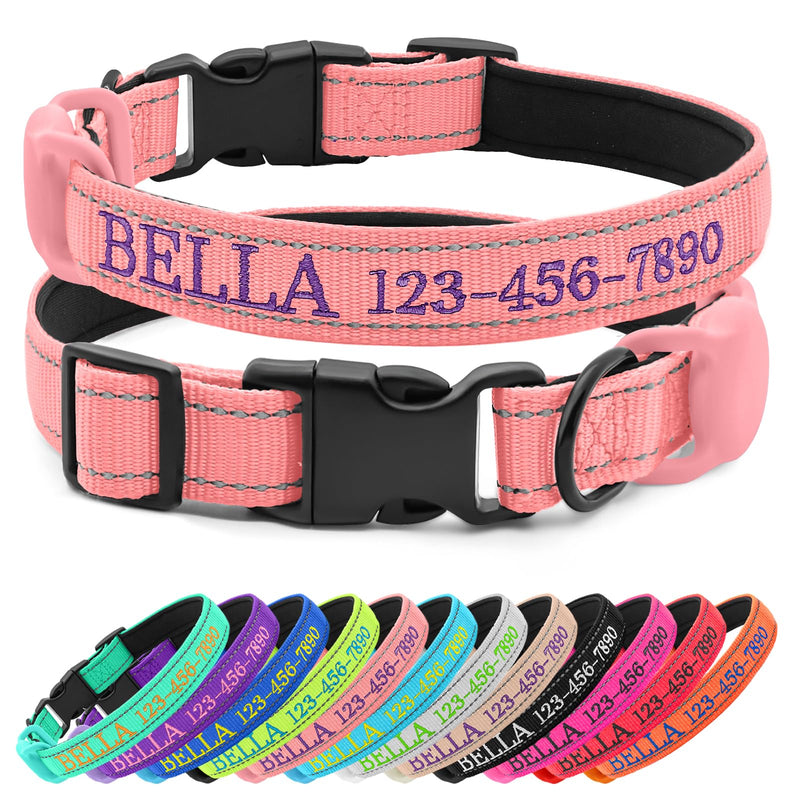 CHRYMPETIC Personalized Dog Collar with Embroidered Name and Phone, Nylon Collar for Dog with Silicone Holder for AirTag, Neoprene Lining, Plastic Quick-Release Buckle (Pink)
