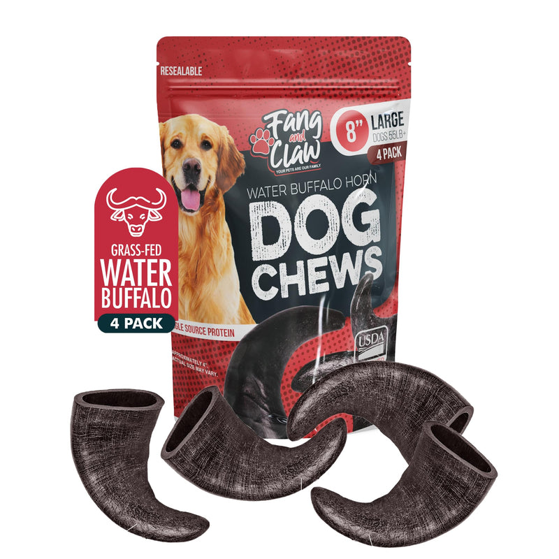 Fang and Claw 4 Pack Water Buffalo Horns for Dogs, Large 8 Inch - Natural Antler & Rawhide Bone Alternative for Aggressive Chewers, Long Lasting Single-Source Grass-Fed Dog Chew