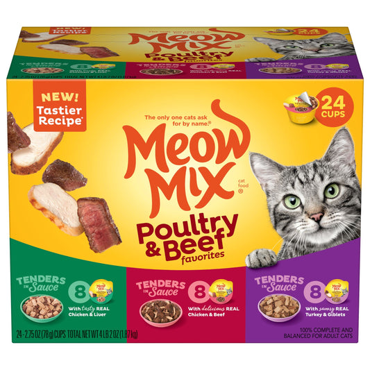Meow Mix Tender Favorites Poultry & Beef Variety Pack, Wet Cat Food, 2.75 oz Cup (24 Pack)