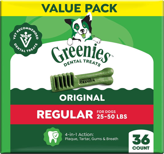 Greenies Veterinarian-Recommended Adult Natural Dental Dog Treats Regular Size, Dog Dental Chews, Original Flavor, 36 oz. Pack, 36 Count