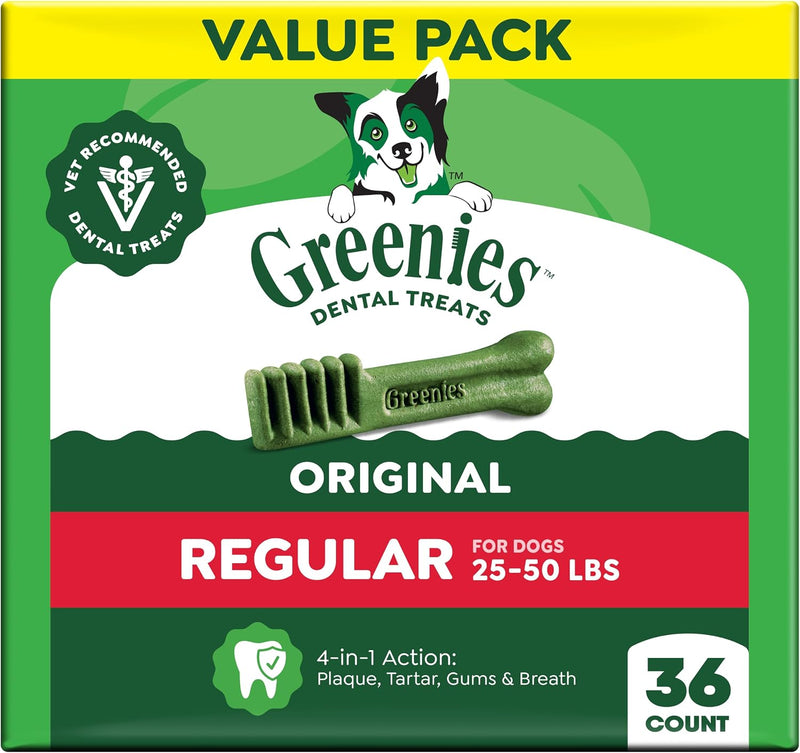 Greenies Veterinarian-Recommended Adult Natural Dental Dog Treats Regular Size, Dog Dental Chews, Original Flavor, 36 oz. Pack, 36 Count
