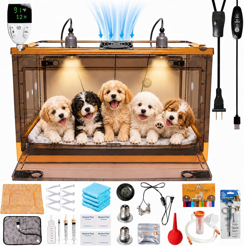 Puppy Incubator with Heating and Fan-Kitten Incubator.Temperature Control & Quiet Ventilation, Puppy Heating Bed Mat, En