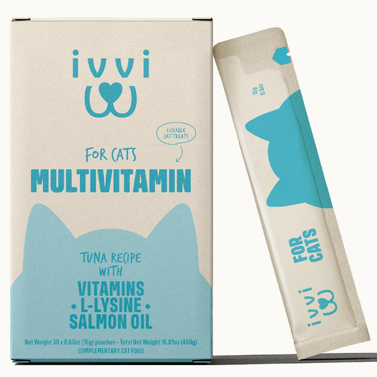 ivvi Multivitamin for Cats - Creamy Lickable Cat Supplement with Tuna, Vitamins, L-Lysine, Taurine & Salmon Oil - Daily Cat Wellness Support - 30 Pouches x 15 g