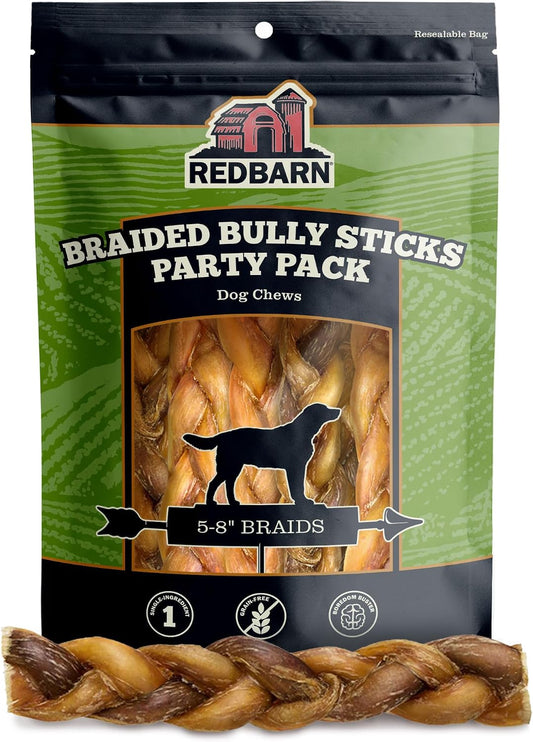 Redbarn Pet Products All Natural 5"-8" Braided Bully Sticks for Small & Large Dogs - Healthy Long Lasting Beef Chews Variety Party Pack - Single Ingredient Low Odor Rawhide Free - 8 oz Bag