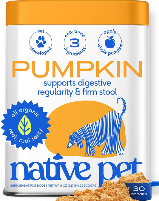 Native Pet Pumpkin for Dogs - Organic Dog Food Topper Powder - Promotes Firm Stools, Supports Digestive, Bowel Health & Nutrient Absorption - USDA Organic, Rich in Fiber with Real Pumpkin - 30 Scoops