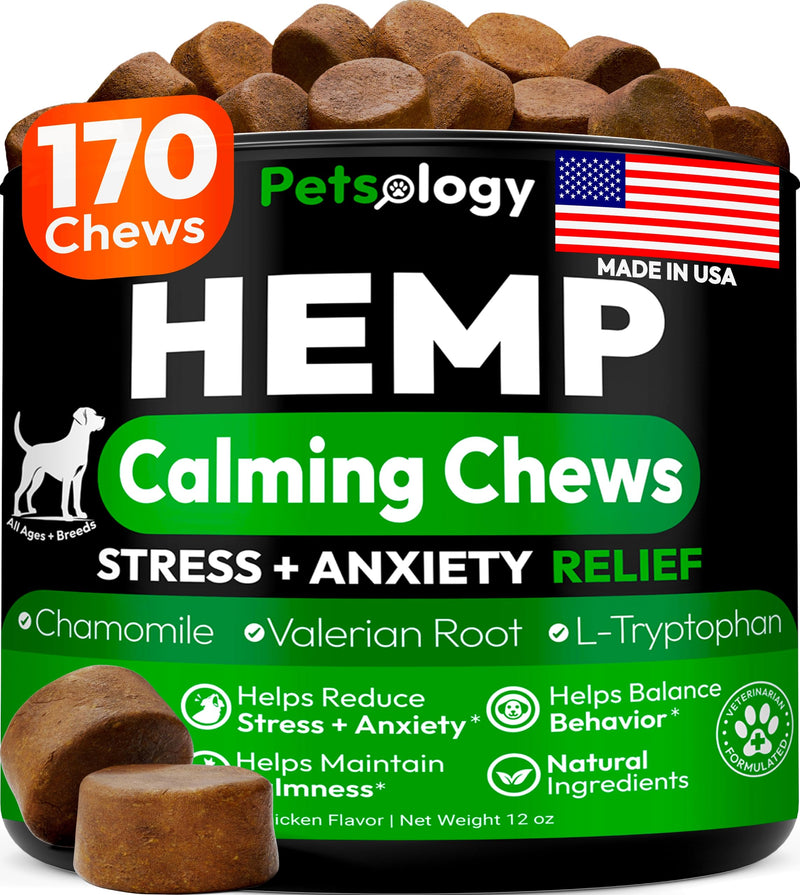 Hemp Calming Chews for Dogs - 170 Dog Calming Chews - Anxiety Relief Treats - Advanced Stress Relief Supplement, Separation Aid, Barking, Fireworks, Melatonin - Hip & Joint Support - Made in USA