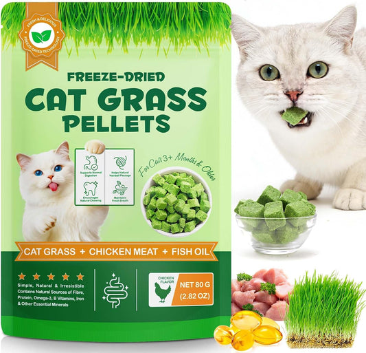 Freeze-Dried Cat Grass Pellets, High Protein 60% for Hairball Control & Digestive Health, Grain-Free Cat Supplements wit