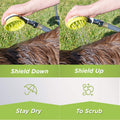 Wondurdog Outdoor Dog Wash Garden Hose Nozzle for Bath and Quick Paw Rinses. Splash Shield Handle and Rubber Grooming Brush. Metal Connection. Swivels on Hose with Water Pressure Control.